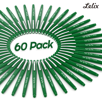 Lelix Felt Tip Pens, 60 Green Pack, 0.7mm Medium Point, Felt Tip Markers Pens for Journaling, Writing, Note Taking, Planner, Perfect for School Office and Art Supplies