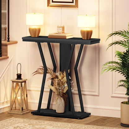 HOOBRO Narrow Console Table, 29.5" Small Entryway Table with Storage, 2-Tier Sofa Table Behind Couch, Modern Style, for Living Room, Hallway, Foyer, Bedroom, Black BB66XG01