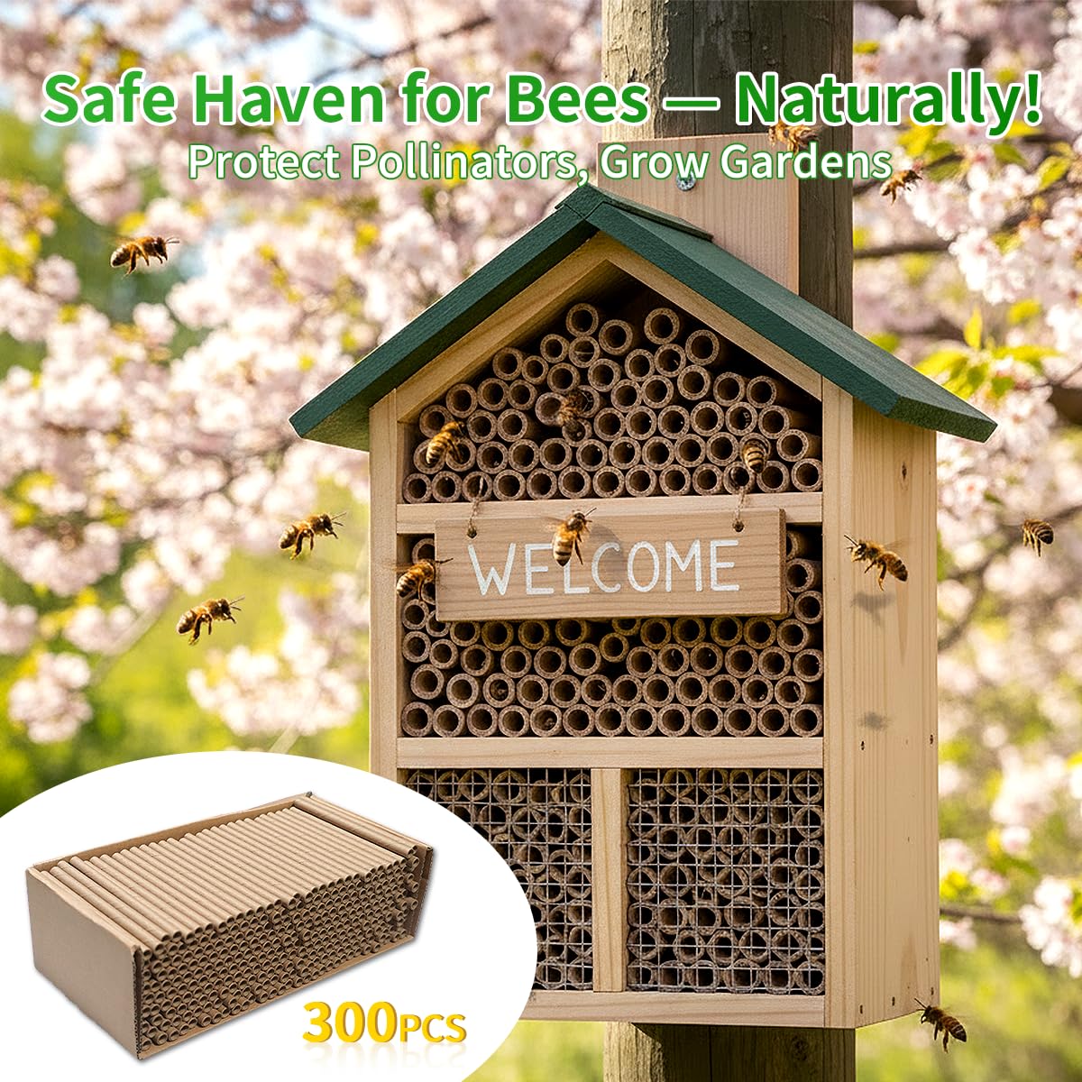 BeeQuestify Mason Bee Tubes 300 Pack - Kraft Paper Bee Nesting Tubes for Mason Bees, 5/16" x 6" Size, Ideal for Filling Mason Bee Houses and Garden Pollination
