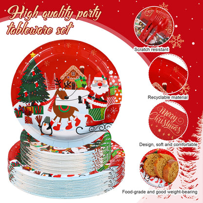 Maxdot 500 Pcs Christmas Party Supplies Merry Christmas Paper Plates Cups Napkins and Cutlery Set Disposable Xmas Party Tableware Set for Holiday Winter New Year Decoration Serves 50 Guests