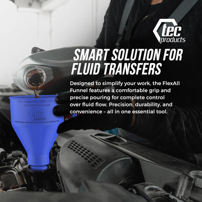 TEC Products FlexAll Long Flexible Funnels - Automotive Oil Funnel with Hose, Durable Nitrile Rubber for Oil Change, Transmission Funnel Fluid, Diesel, Fuel, Gas - Made in USA - Blue (12 x 4 Inches)
