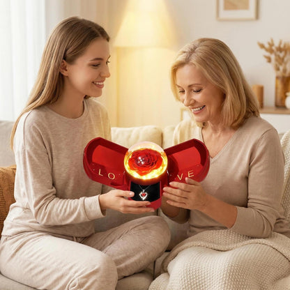 Mifgra Preserved Rose Jewelry Gift Box with Heart Necklace – Eternal Rose LED Light Gift Set for Women, Perfect for Valentine's Day, Birthday, Mother's Day, Girlfriend, Wife, Mom