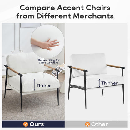 Accent Chair Mid Century Modern Armchair for Living Room,Bedroom,Office,Lounge Comfy Chenille Upholstered Soft Removable Washable Cushions and Pillows,Metal Wood-Grain Armrest Legs,White