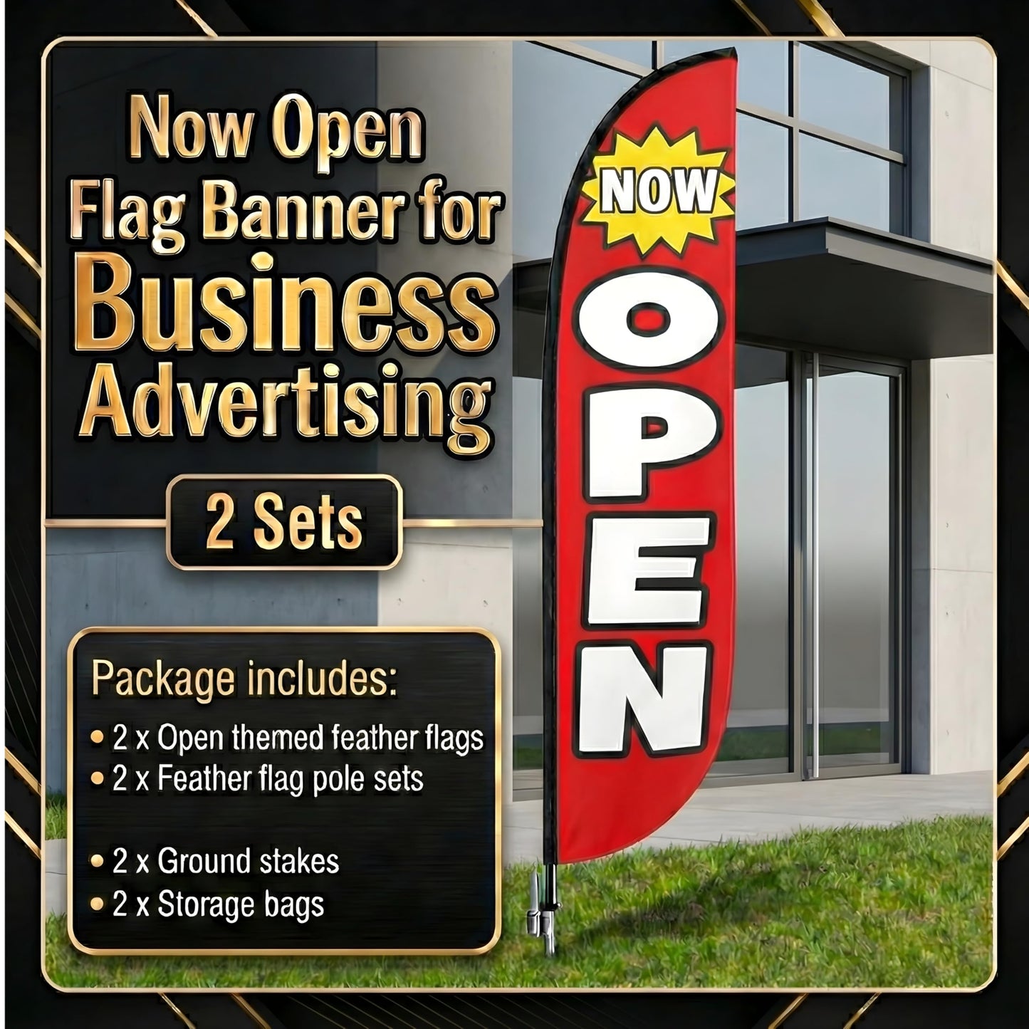 Feather Flag Pole Kit 15ft Tall 2 Pack with 12ft Tall Now Open Flags Feather Banner Advertising Open Flags for Business Grand Opening Signs Fiberglass Swooper Flag Poles with Heavy Duty Ground Spikes