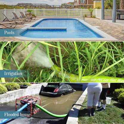 Green Expert 1.5 Inch ID PVC Lay-Flat Discharge Hose Sump Pump Accessory, 25 ft Basement Drain Hose for Water Removal, Steel Clamp Kit Included
