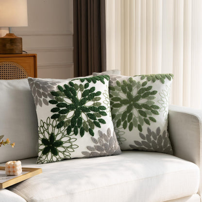 Tikeciti Embroidered Forest Green Grey Dahlia Pillow Covers, Dark Green Soft Velvet 18 x 18 Inch Throw Pillows Modern Elegant Geometric Pillowcase Decorative Cushion Case for Sofa Living Room Bedroom