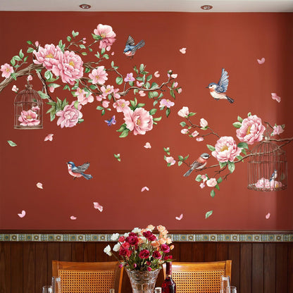 Removable Large Flowers with Tree Branches Wall Stickers – DIY Peony Floral Birds Wall Decals, Peel and Stick Leaves & Birdcage Wall Decor for Kids Girls Bedroom, Nursery, Living Room, Classroom