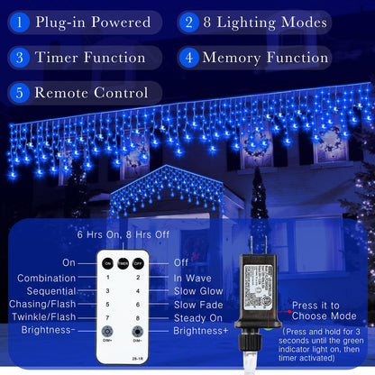 Aurelema Christmas Snowflake Icicle Lights, 33 ft Outdoor Snowflake Lights with Remote 8 Mode Waterproof 380 LEDs 76 Drops for Curtain Eaves Garden Indoor Outdoor Xmas Home Decor Wedding(Blue)