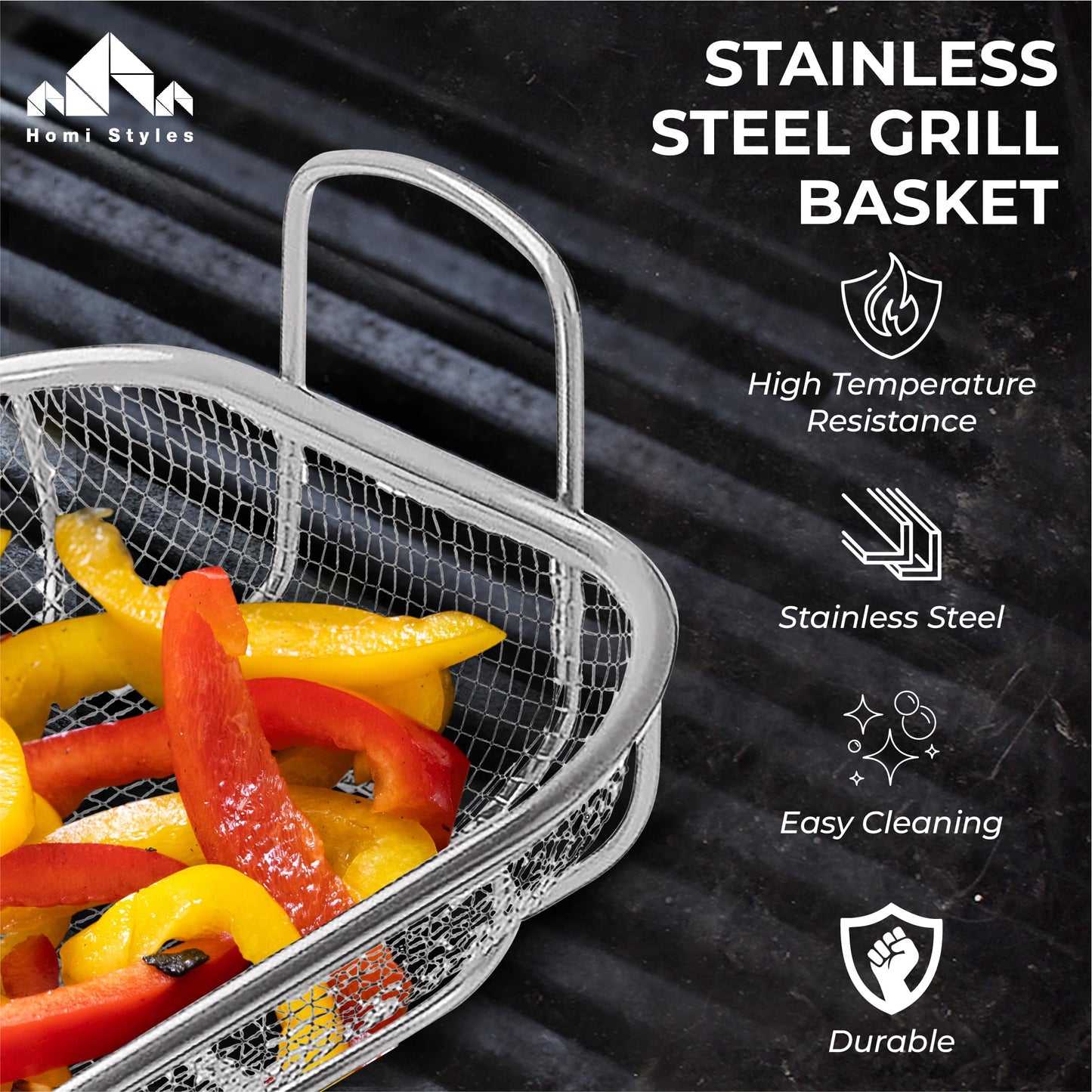 Homi Styes Grill Baskets for Outdoor Grill – 15 x 11-inch Vegetable Grill Basket – Grill Vegetable Basket with Handles – Rustproof Stainless Steel Mesh Veggie Grilling Basket