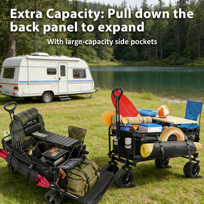 CQKEDMA 440 LBS Wagons Carts Foldable, Folding Collapsible Wagon Cart with Big All-Terrain Wheels & Cup Holders, Utility Graden Carts for Camping, Beach, Garden and Shopping