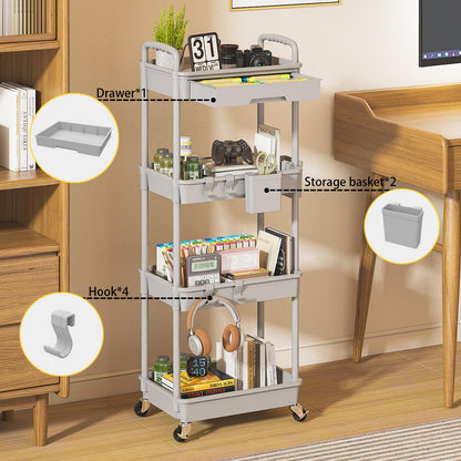 LLMRR 4 Tier Rolling Utility Cart with Drawer, Plastic Storage Organizer Rolling Carts with Wheels Handles Hanging Cups Hooks for Office, Bathroom, Kitchen,Craft Art Room (Grey)