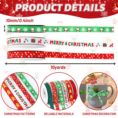 DECYOOL Christmas Ribbon, 6 Rolls 60 Yards Snowflakes Santa Claus Gingerbread Man Dots Ribbon for Christmas Crafts, 10mm Wide Grosgrain Ribbons for Gift Wrapping, Party, Home Decor