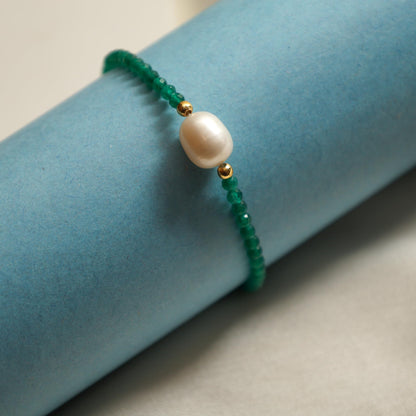 Gempires Green Jade Beaded Bracelet with Pearl Choker Crystal Jewelry Lightweight March Birthstone Gifts Hypoallergenic 7.5 Inch Gold Plated Bracelets For Women