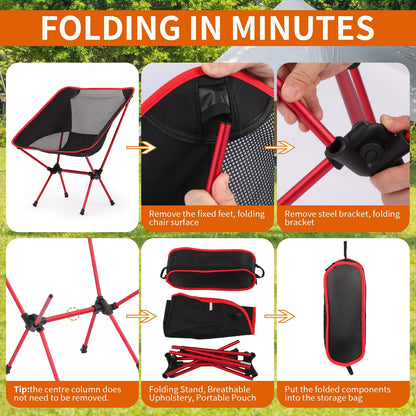 Veathzet Ultralight Camping Chair, Foldable Portable Camping Chair with Breathable Nylon Mesh, Compact Design & Carry Bag for Hiking, Backpacking, Beach, Concerts (Black&red)