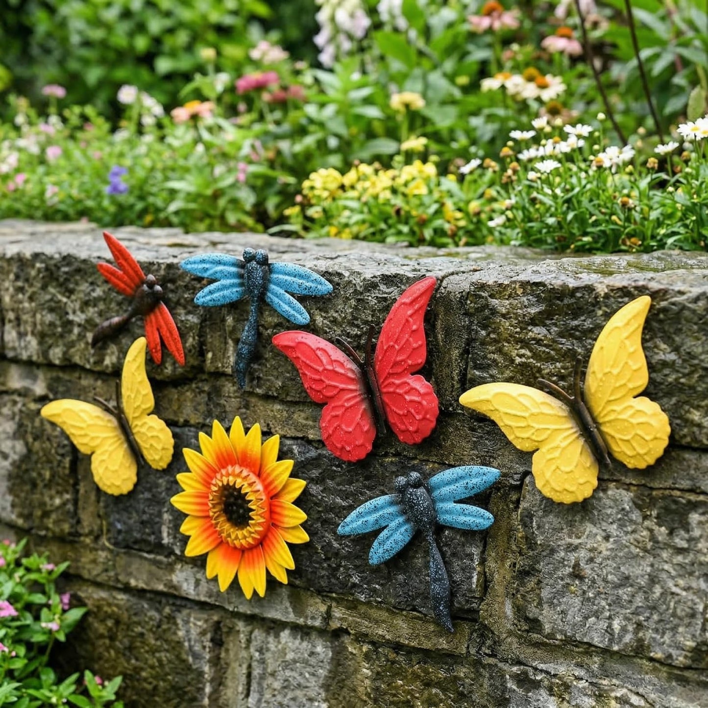 Pumtus 9 Pack Metal Flowers Wall Decor, Small Outdoor Fence Decoration, Butterfly Dragonfly Wall Art Ornament, Hanging Sunflower Animal Sculptures for Garden Patio Backyard Deck Home