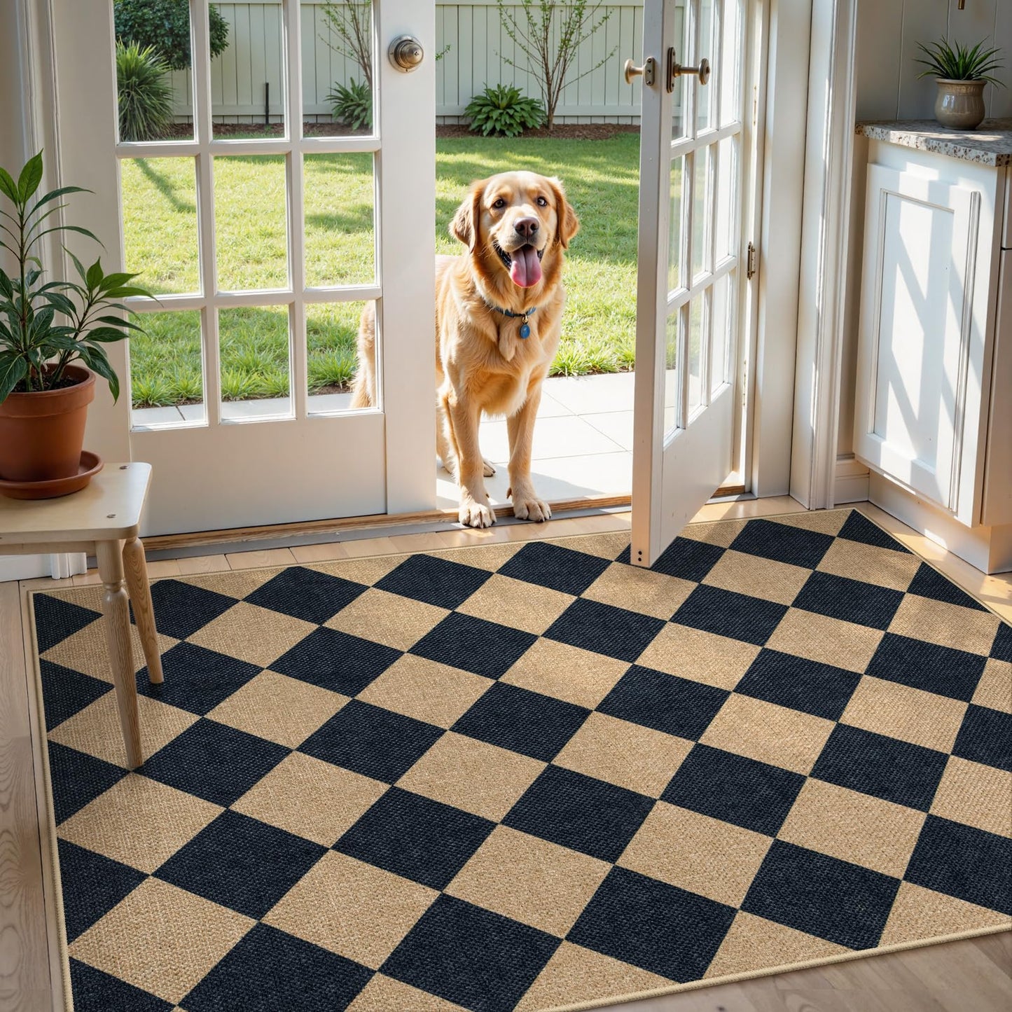 Lahome Colette Checkered Easy Jute 3x5 Outdoor Patio Rug, Washable Rugs for Entryway Diamond Indoor Outdoor Living Room Carpet, Farmhouse Neutral Non Slip Black Door Carpet for Backyard Bedroom