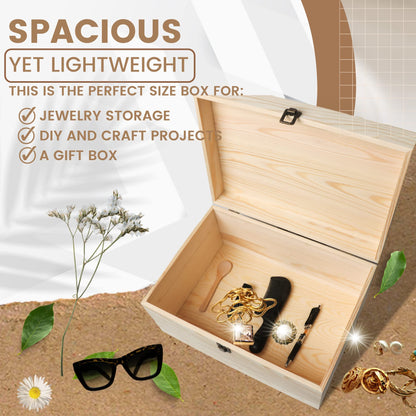 VIKOS Products 13.8x9.9x6.7-Inch/ 3.33-Gal. X-Large Unfinished Wooden Box for DIY Crafts & Storage with Hinges & Retro Front Clasps - Natural Pine - Smooth Paintable Surface