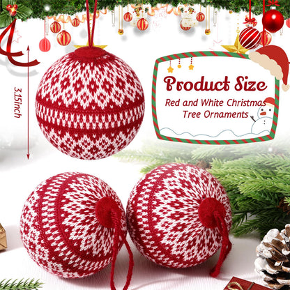 Weysat 12 Pcs 3.15" Red Knitted Sweater Christmas Balls Large Rustic Handmade Hanging Ball with Snowflake Pattern Christmas Tree Ornaments for Party Holiday Farmhouse Decorations Gifts