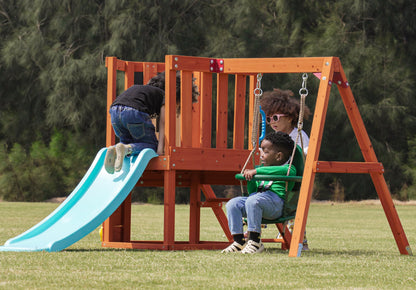 Dolphin Playground 5-in-1 Toddler Swing Sets with Slide for Backyard, Toddler Outdoor Playset with Baby Swing, Table, Blackboard, Kid Slide, Rock Climbing Wall, Ages 18 mo to 4 yrs