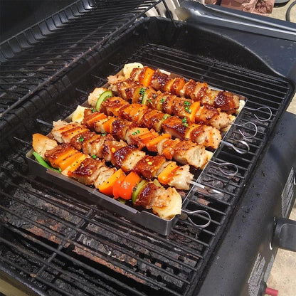 Laexepelle Stainless Steel BBQ Shish Kabob Set, Foldable Grill Rack with 6pcs 13"L Reusable Skewers for Ooudoor Indoor Party and Cookout