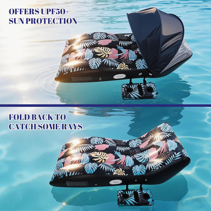 Deyhoc Pool Floats Lounger with UPF50+ Canopy Adjustable, Inflatable Large Floating Chair Ergonomic Design, with Cup Holders, Perfect for Swimming Pool, Beach, Lake, Party - Dark Blue