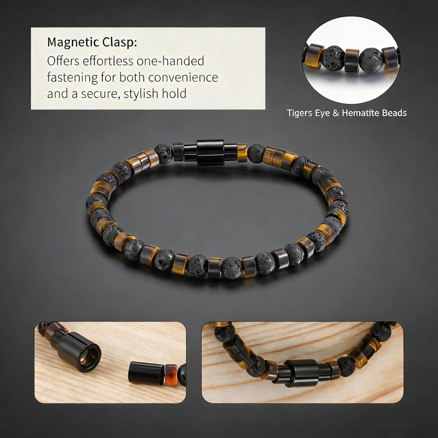 TRUMIUM Beaded Bracelets for Men Women Natural Hematite 6mm Tiger Eyes Mens Bracelet Gemstone Jewelry for Him 8.3 Inch Length