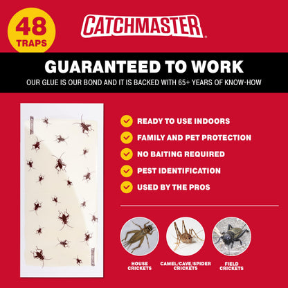 Catchmaster Cricket XL Giant Glue Boards 48Pk, Cricket Traps Indoor with Adhesive Attractant Design, Bug Catcher Traps for Inside Your Home, Insect Killer for House & Garage, Pest Control for Home