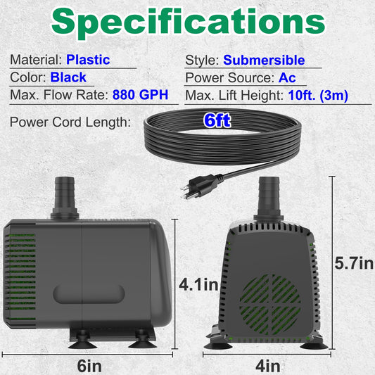 Knifel Submersible Pump 880GPH (3500L/H 60W) Ultra Quiet with Over Heating Protection 10.2ft High Lift for Fountains, Hydroponics, Ponds, Aquariums & More…