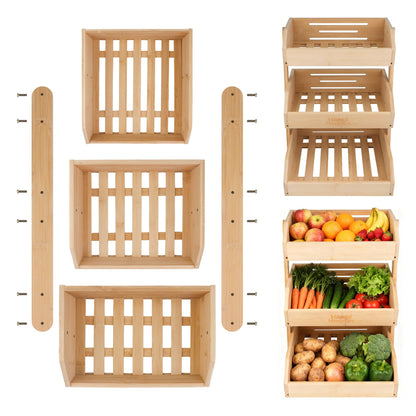Happi Hoomin 3 Tier Fruit Basket for Kitchen Counter, Bamboo Fruit and Vegetable Storage Rack, Kitchen Organizer and Storage, Vegetable Baskets for Kitchen, Fruit Organizer, Frutero para Cocina