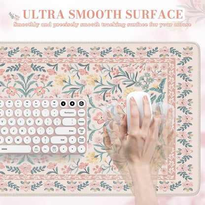 iCasso Pink Floral Desk Mat, Desk Pad, XXL Large Mouse Pad, Anti-Slip Big Mousepad with Stitched Edges, Computer Mouse Pads for Desktop Decor, Cute Office Desk Accessories for Women(Pink)