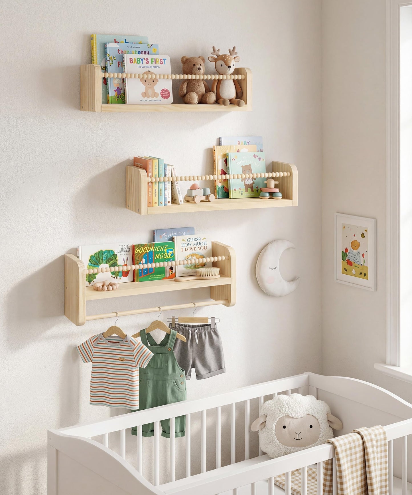 Mazjoaru Nursery Book Shelves for Wall Set of 3, Natural Wood Bookshelves Wall Decor, Small Floating Shelf Organizer for Kids Room, Bedroom, Kitchen Spice Rack