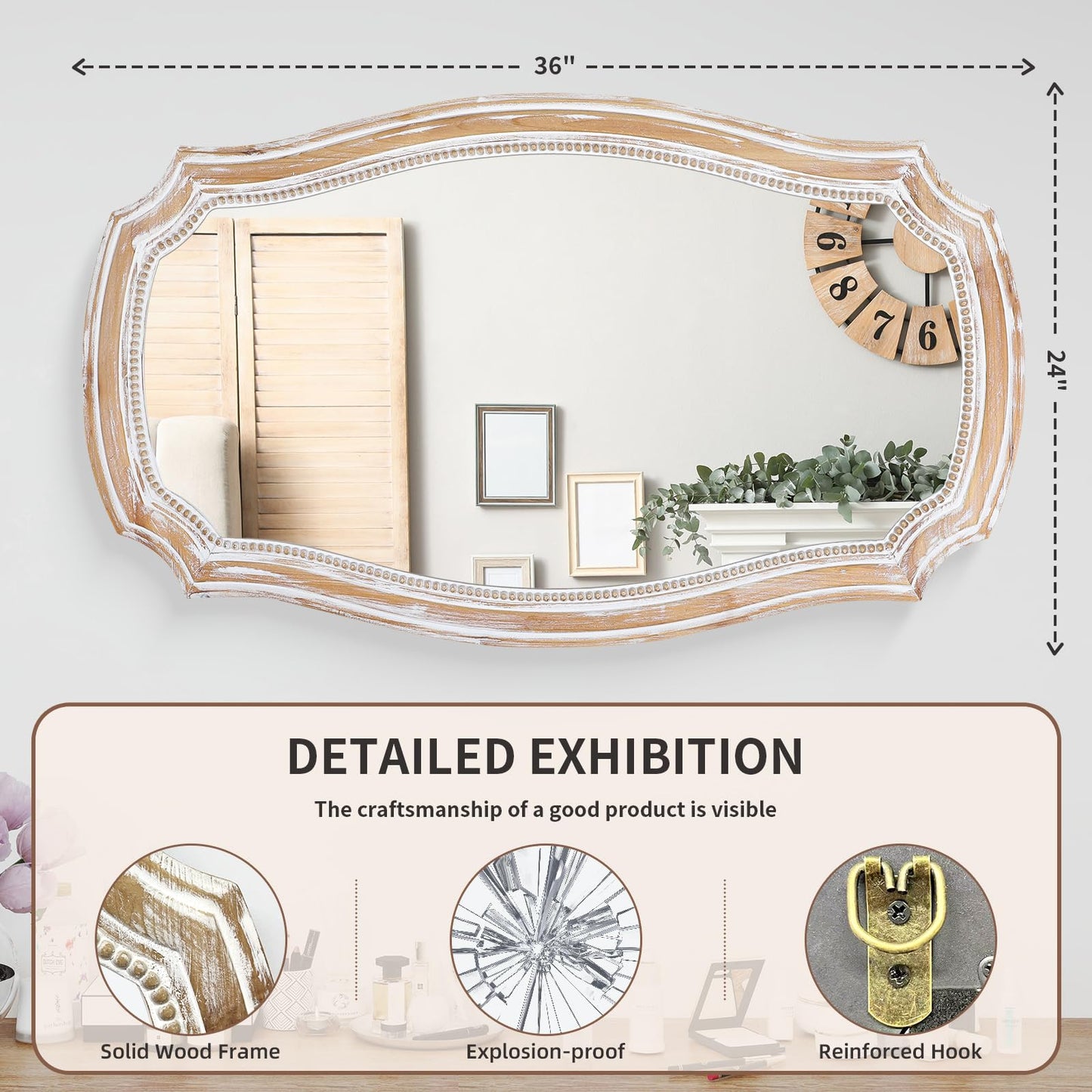 HOITUZYUS 36x24 Inches Rustic Scalloped Wall Mirror, Baroque Curved with Beaded, Distressed Wooden Decorative Mirros for Living Room, Bedroom, Entryway - Horizontal or Vertical
