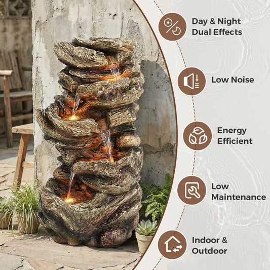 Jocoevol 32" High Outdoor Water Fountain, 5-Tiers Cascading Rock Waterfall Fountain with LED Lights for Garden, Patio, Yard Decor, Soothing Tranquility for Any Outdoor Living Space