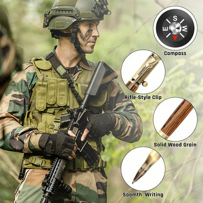 SHALORY Bolt Action Pen with Compass & Extra Refill,Birthady Gift Cool Gadgets for Men Wooden Ballpoint Pens Luxury Gel Ink Pens Medium Point 1.0 mm Black Ink