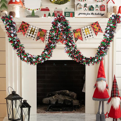 50 Feet Green Red Christmas Metallic Tinsel Twist Hanging Garland with Snowflake for Home Mantle Xmas Tree Staircase Railing New Year Holiday Party Indoor Outdoor Decorations