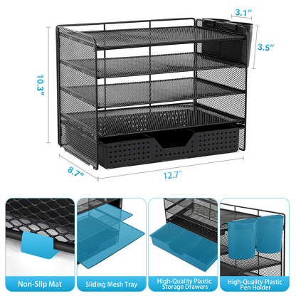 LEKETREE Desk Organizer and Accessories, 5-Tier Paper Letter Tray Organizer with Drawer & 2 Pen Holders for Desktop File Organization, Office Desk Accessories for Supplies Storage (Black)