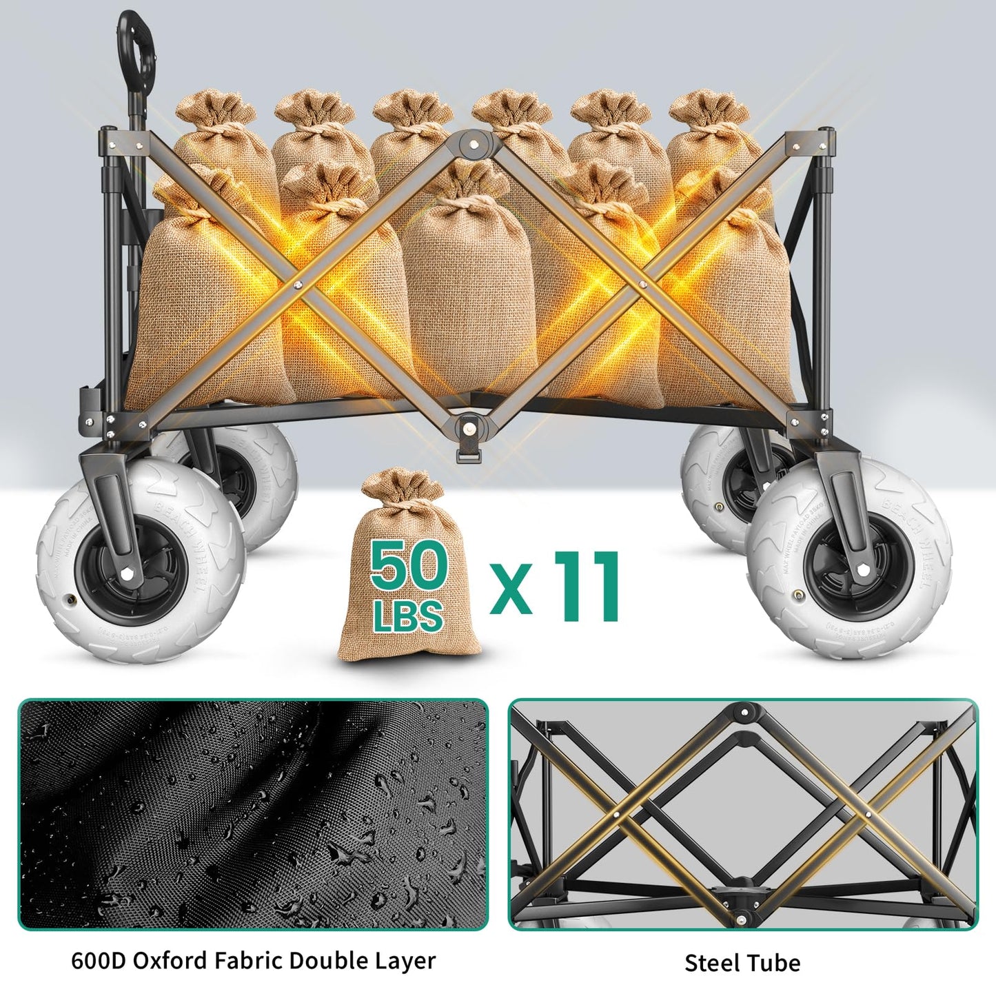 SUNNYFEEL 41" L Beach Wagon with Big Wheels for Sand - 550lbs Heavy Duty Folding Beach Wagon - All Terrain Steel Frame with 9" Pneumatic Tires for Beach,Camping,Sports,Garden (Black)