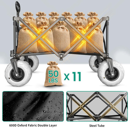 SUNNYFEEL 41" L Beach Wagon with Big Wheels for Sand - 550lbs Heavy Duty Folding Beach Wagon - All Terrain Steel Frame with 9" Pneumatic Tires for Beach,Camping,Sports,Garden (Black)