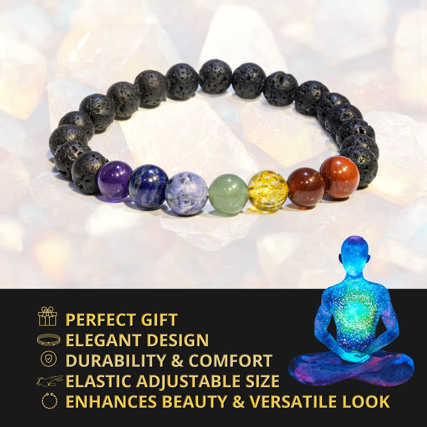 ANAYA AGATE Lava Rock 7 Chakra Bracelet, Natural Healing Crystal Bracelet for Women and Men, 8mm Round Beaded Bracelet for Spiritual , Protection, Positive Energy, Elastic Adjustable Size Gemstone Bead Bracelet