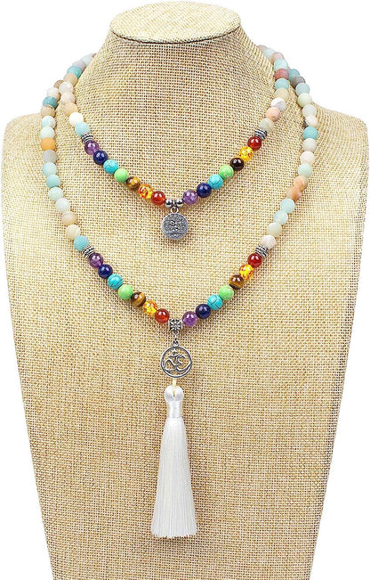 PWMENLK 108 Mala Beads Necklace 7 Chakra Buddhist Prayer Beaded Bracelet Tree of Life Pendant Stone Yoga Necklace(tassel amazonite)