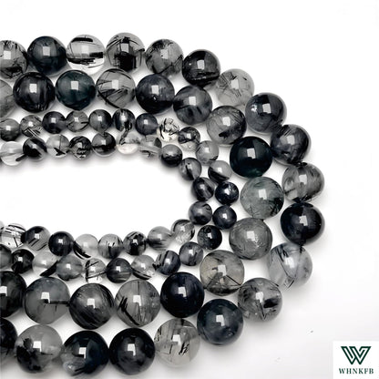 WHNKFB 8mm 50PCS Natural Black & White Mixed Rutilated Quartz Round Beads, Loose Crystal Beads for Jewelry Making Craft - 4mm 6mm 8mm 10mm Options with Free Elastic Cord