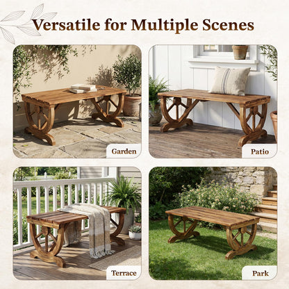 Outvita 39'' Outdoor Wooden Bench, 2-Person Rustic Wagon Wheel Bench with Slatted Seat and Carbonized Fir Wood Construction, Weather-Resistant Garden Bench for Patio, Porch and Backyard(Light Brown)