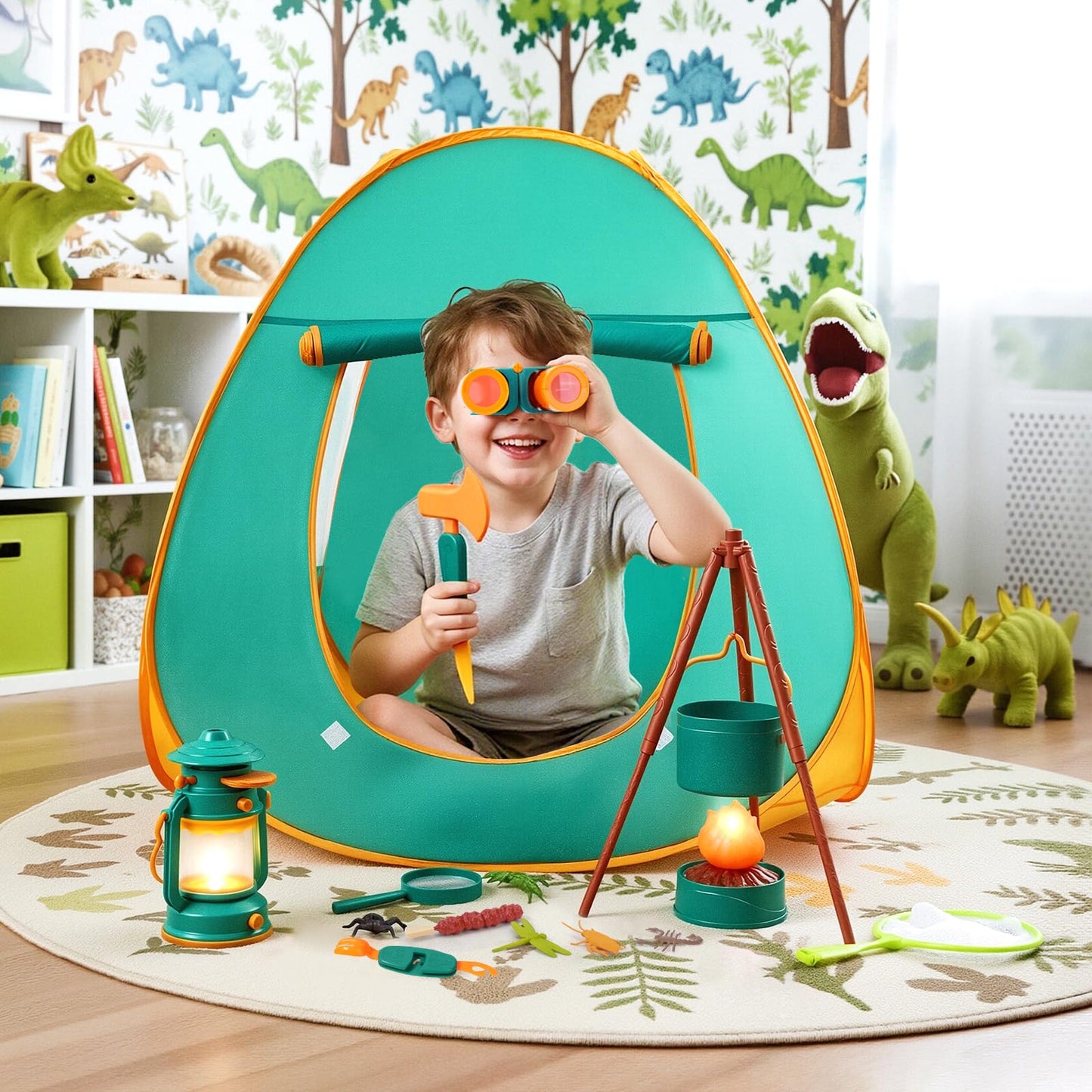 Meland Kids Camping Set with Tent - Toddler Toys for Boys with Campfire, Camping Toys for Kids Indoor Outdoor Pretend Play, Gift Idea for Boys Age 3,4,5,6 Year Old Birthday Christmas (Green)
