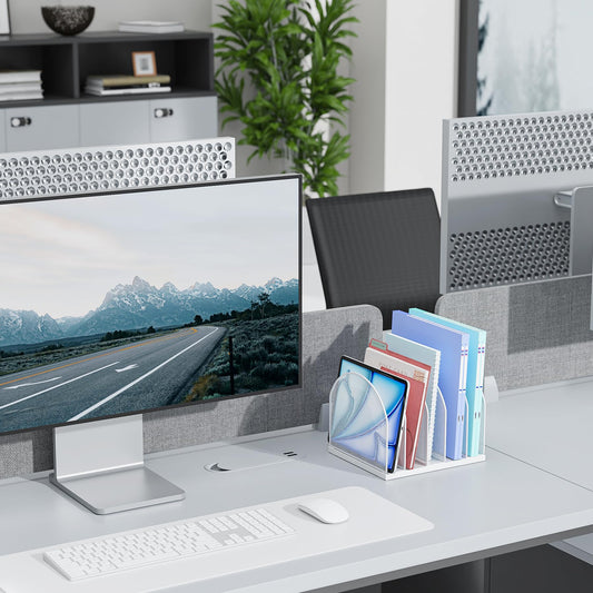 gianotter Desktop File Organizer, Desk Organizer with 5 Compartments, Paper Organizer for Desk, Workspace Organizers for Office Supplies (White, Upright Style)