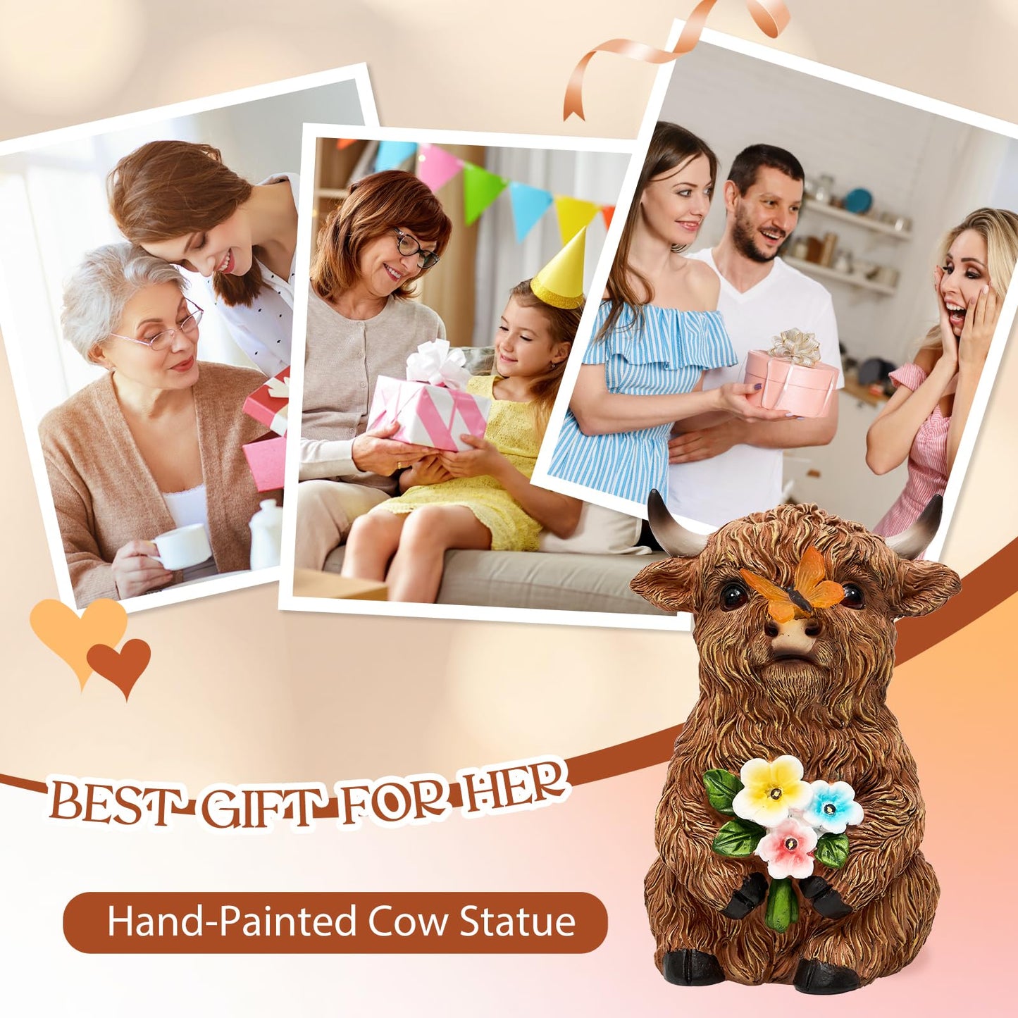 LXOUMEI Solar Highland Cow Outdoor Statue, Garden Sculpture with Lighted Butterfly & Flowers Decor, Highland Cow Figurine for Patio Yard Lawn Ornaments for Birthday
