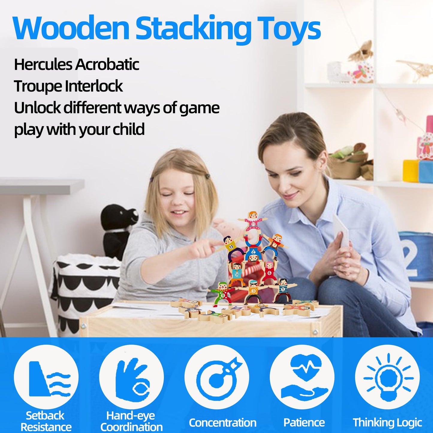 moopok Wooden Stacking Toys,16Pcs Circus Hercules Acrobatic Troupe Interlock Toy,Balancing Building Blocks Game Toddler Puzzle Toys,for 3 4 5 6 Years Old Kids Adults