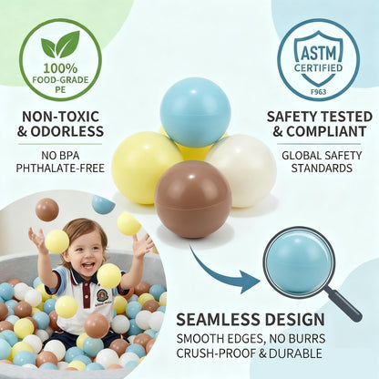 Glispaire 100 PCS Ball Pit Balls, 2.15", Milk White/Milk Yellow/Light Grayish Blue/Coffee, Phthalate/BPA-Free, Non-Toxic Crush-Proof Sensory Balls for Kids