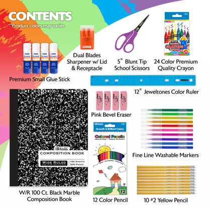 BAZIC Products School Kit Pack 60 Count, School Supply Box for Elementary Student K-6, Ruler Composition Book Pencil Eraser Crayon, 1-Pack