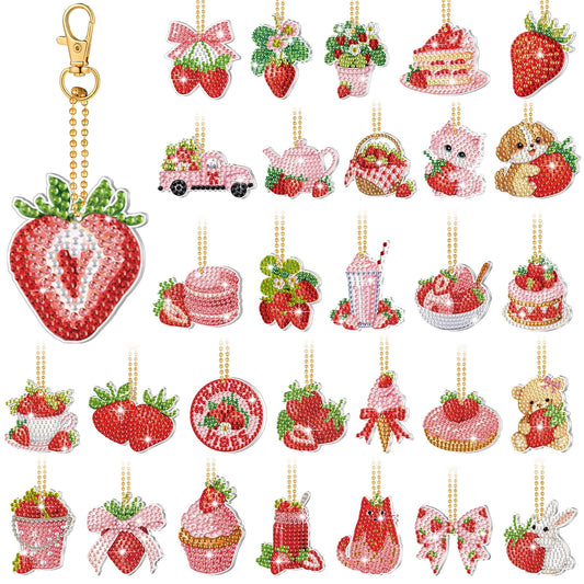 Huquary 30 Pcs Diamond Painting Keychains Strawberry Diamond Art Berry Party Crafts Favor 5d Double Sided Keychains for Adult Beginner DIY Crafts Party Gift