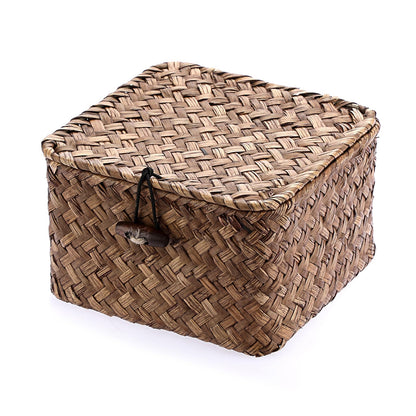 Hipiwe Seagrass Basket with Lid Wicker Storage Basket Square Handwoven Decorative Baskets Box for Shelf Multipurpose Household Baskets Home Decor,X-small